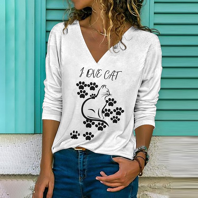 Comstylish Cat Print V-Neck Long Sleeve T-Shirt