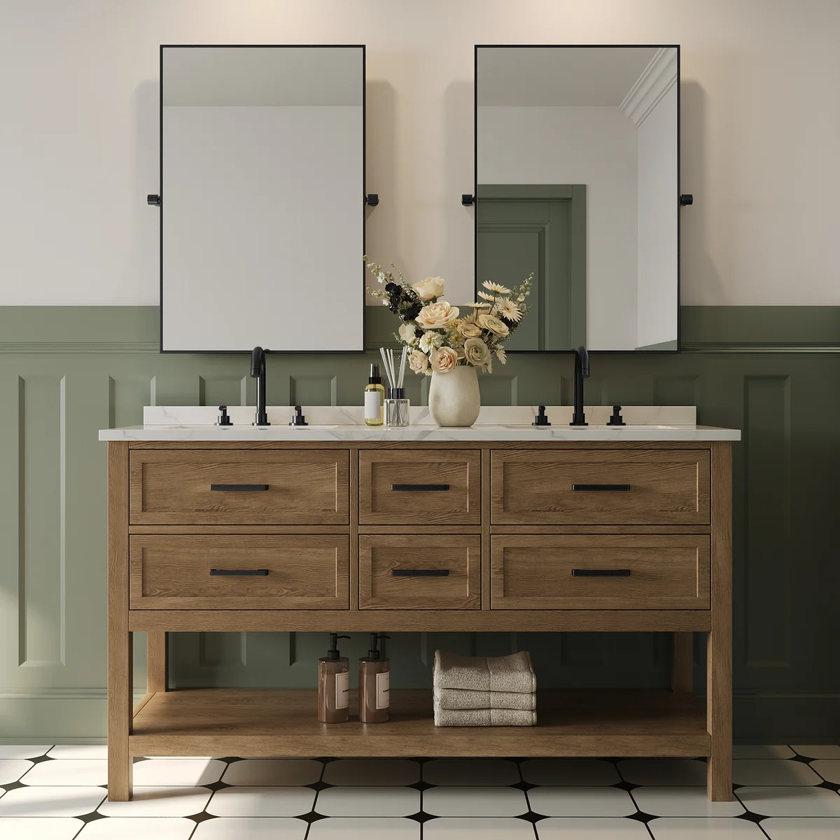 72 inch Nikolai Vanity, Beasley Widespread Bathroom Faucet, Towel Ring, Towel Rod in Brushed Gold