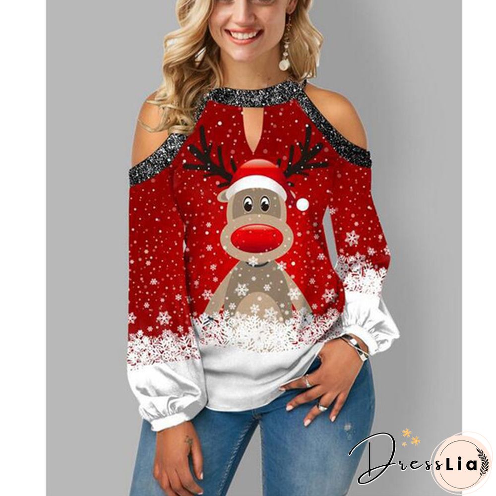 Spring and Early Autumn New Fashion Womens Christmas Printed Long Sleeve V-neck Off