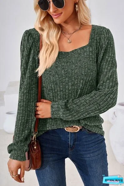 Ribbed Square Neck Long Sleeve T-Shirt