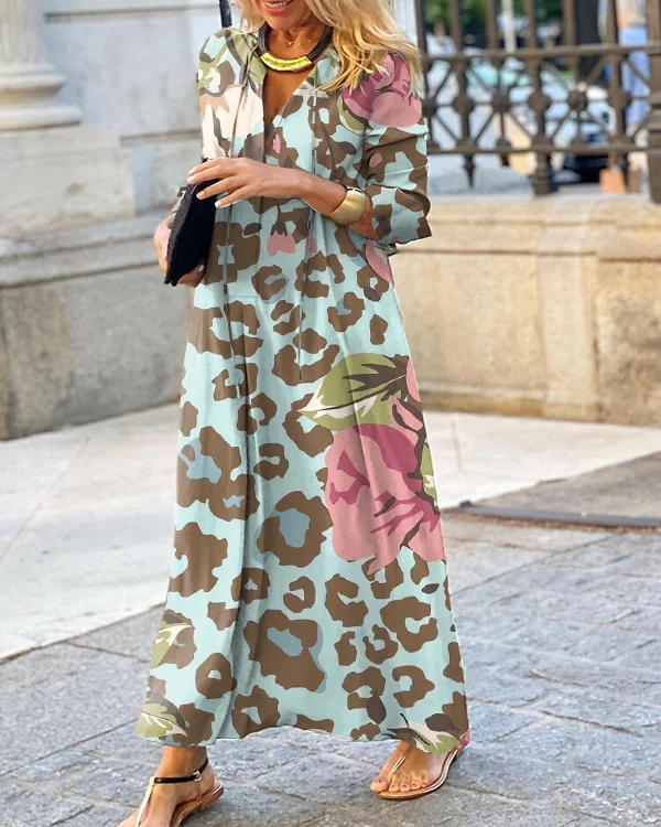Vintage Floral Leopard Print V Neck Long Sleeve Dress