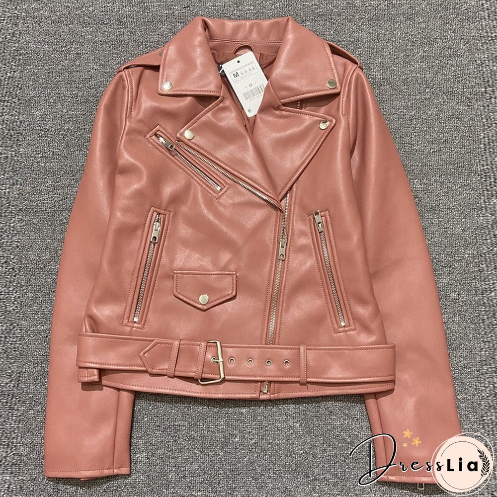 Spring Autumn Women Faux Leather Jacket Ladies Solid With Belt Zipper Biker Coat Female Casual Outwear