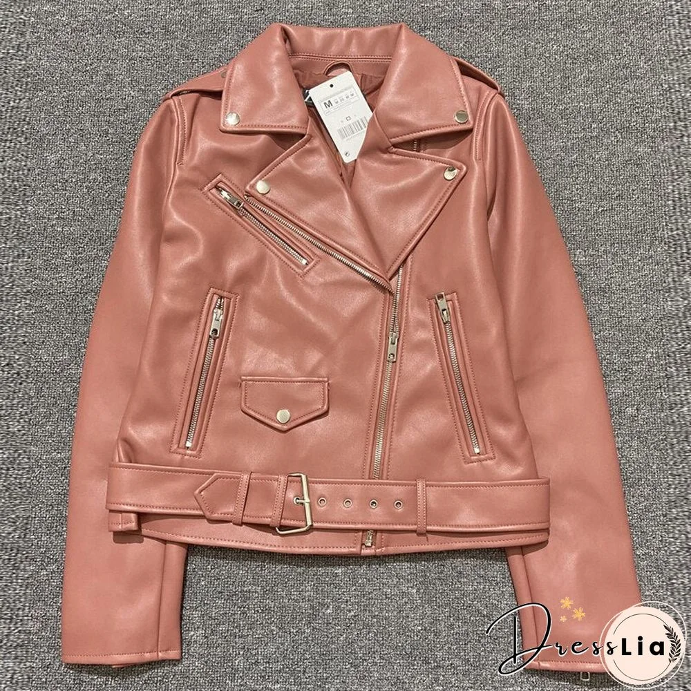 Spring Autumn Women Faux Leather Jacket Ladies Solid With Belt Zipper Biker Coat Female Casual Outwear