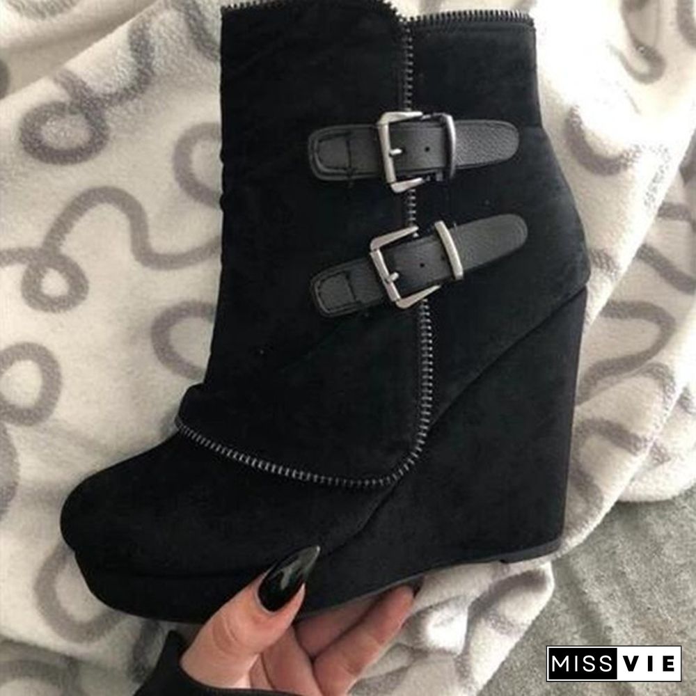 Ankle Boots Women Wedge Shoes Women's Boots Buckle Shoes Thick Heel Short Boot