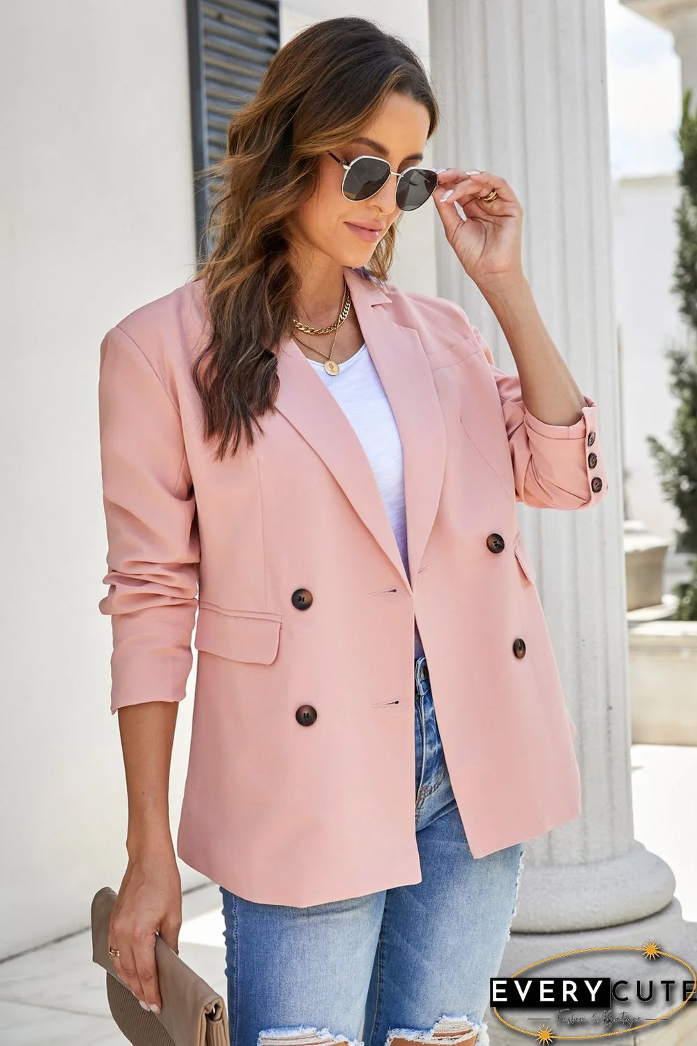Pink Turn-Down Collar Buttons Blazer with Pockets
