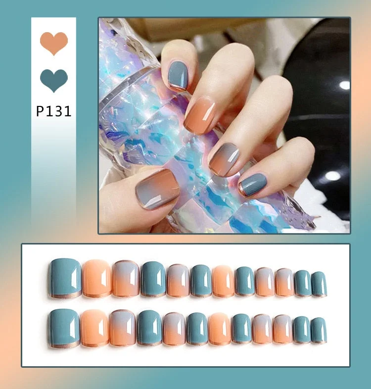 24Pcs/Set French Rhombus Designs False Nail Full Cover Fake Nails with Glue Detachable Wearable DIY Manicure Nail Art Tools-Nail Inspo
