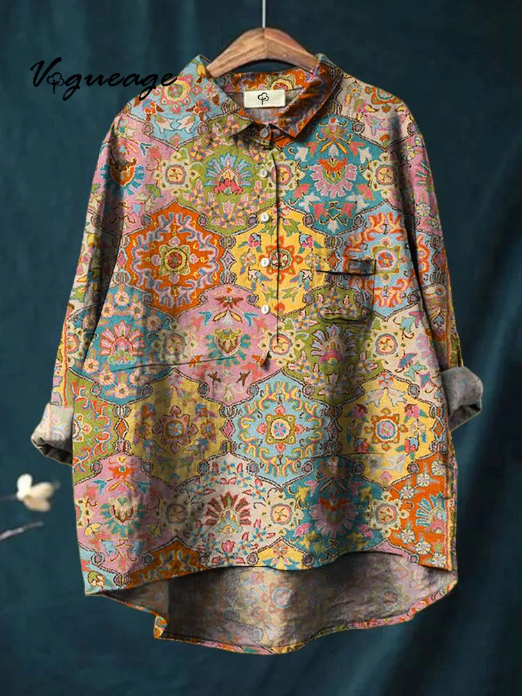 Gentle Comfortable And Versatile Pattern Printed Cotton And Linen Shirt