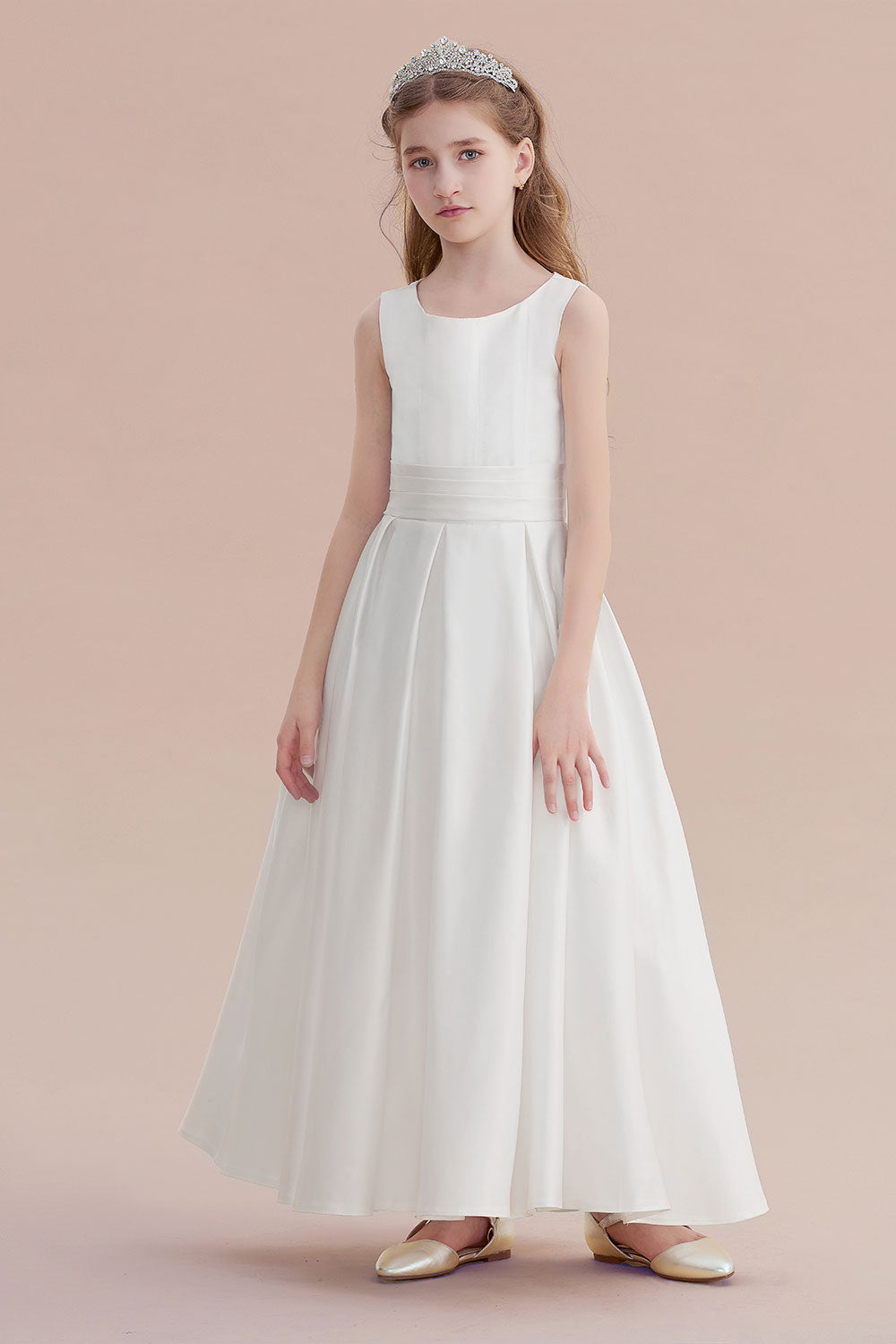 Oknass Simple Sleeveless Jewel A-line Flower Girl Dress Satin with  Handmade Flowers