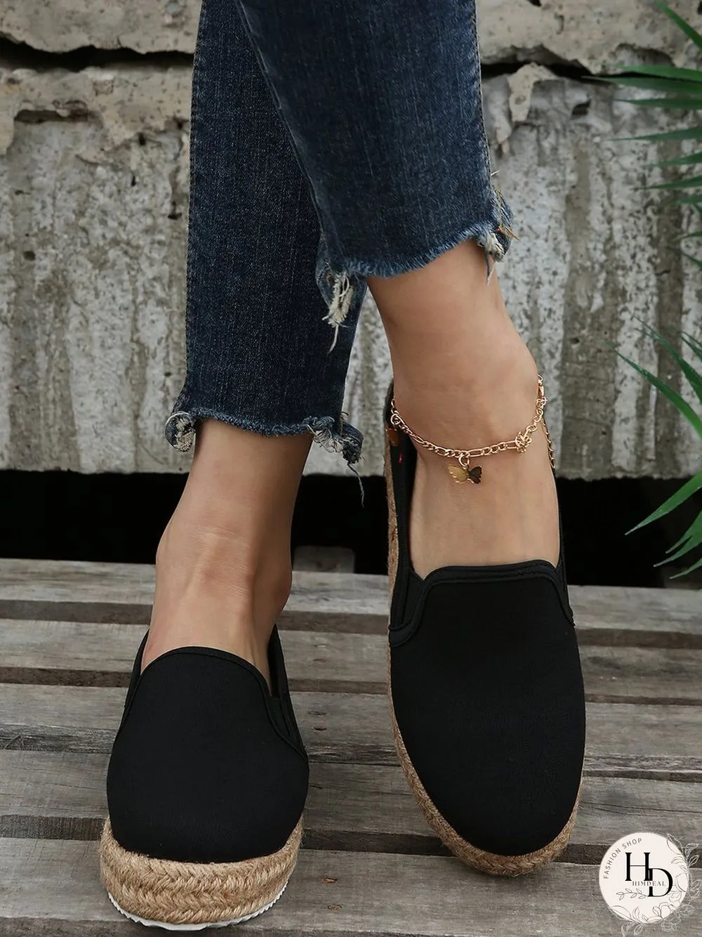 Black White Canvas Straw Platform Loafers