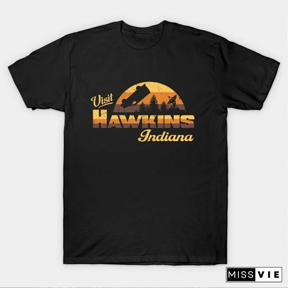 Visit Hawkins Indiana Stranger Things Inspired T-Shirt Unisex Netflix Fandom Graphic Tee Vintage Short Sleeves Black Tops Cotton Casual T Shirt (S-3Xl)