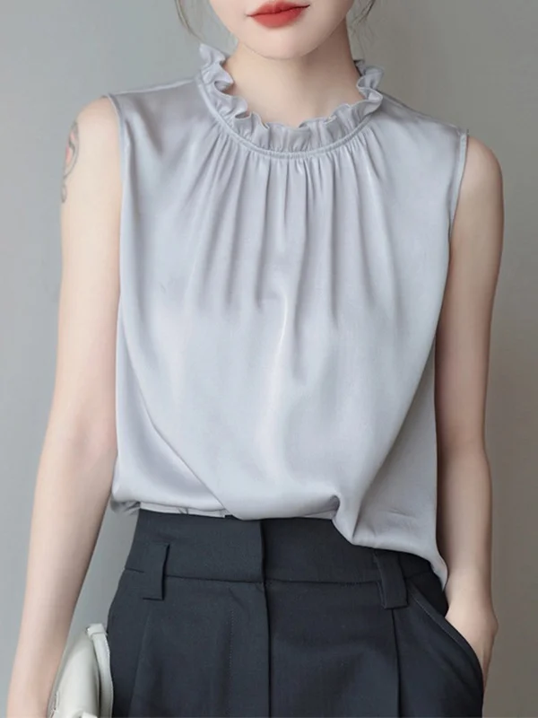 Hollow Pleated Ruffled Solid Color Loose Sleeveless Stand Collar Vest Top