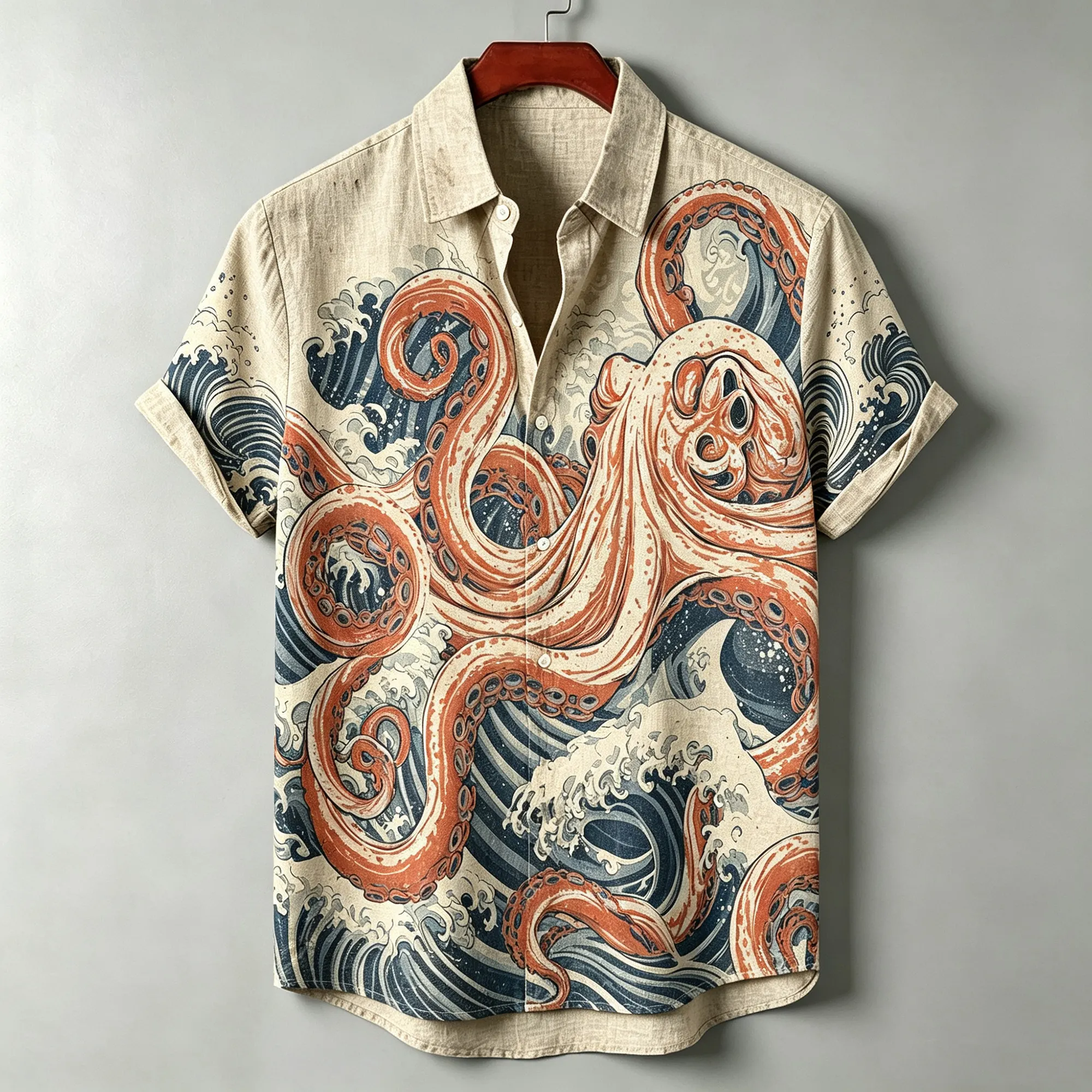 Men's Japanese Ukiyo-e Style Giant Octopus Print Casual Button-down Shirt  artssus