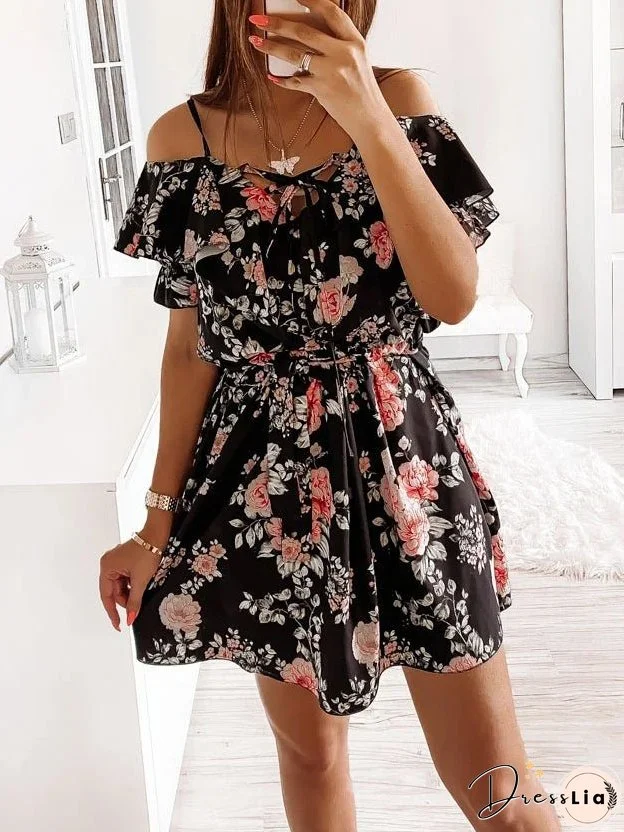 Fashion Floral Print Sling Off Shoulder Mini Dress