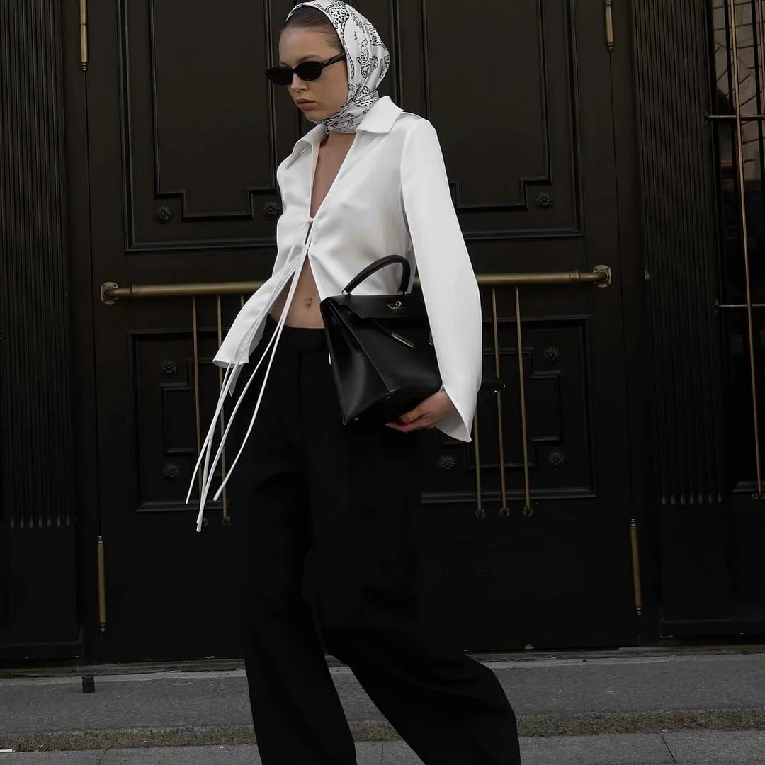 Nigikala Nigikala New Women's Fashion Temperament With Acetic Acid Tying Shirt