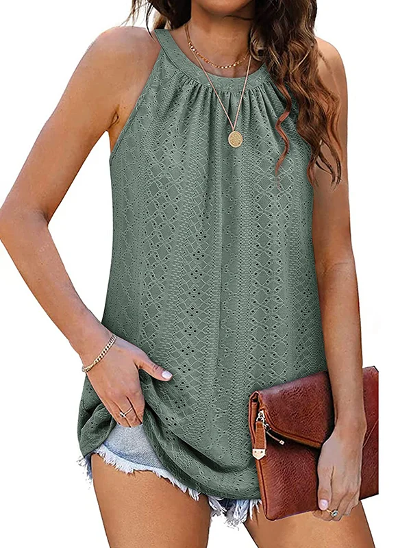 Loose Sleeveless Hollow Solid Color Round-Neck Vest Top