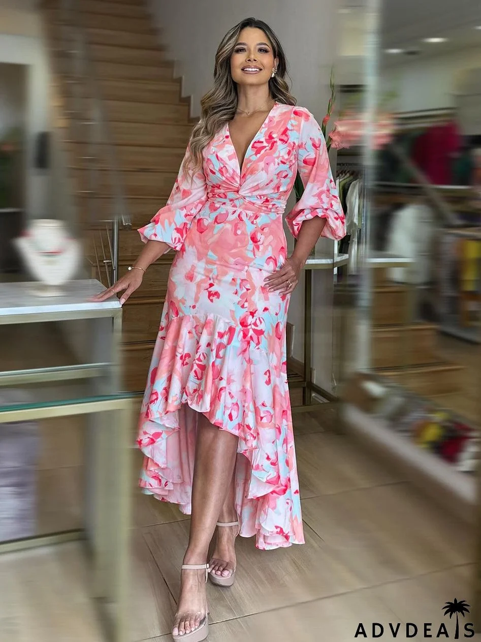 Women V-Neck Bubble Long Sleeve Irregular Ruffle Dress