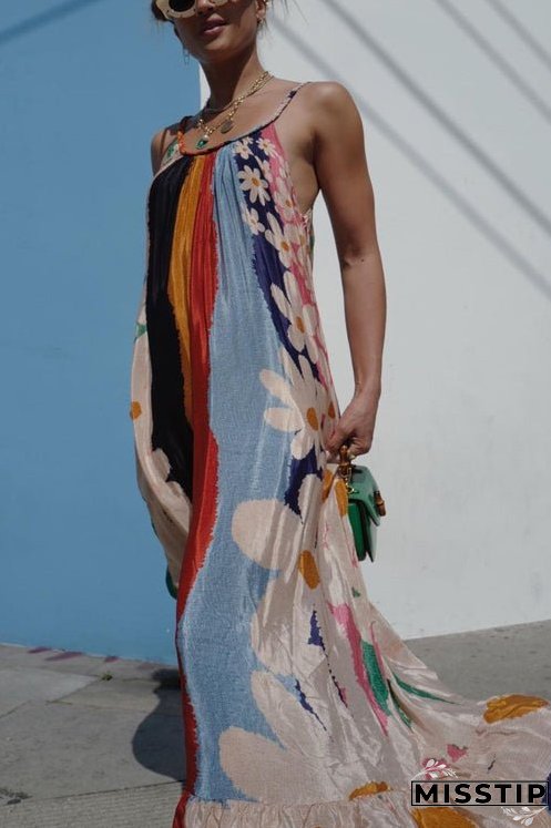 Scoop Neck Color Block Floral Print Ruffle Maxi Cami Dress
