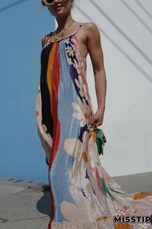 Scoop Neck Color Block Floral Print Ruffle Maxi Cami Dress