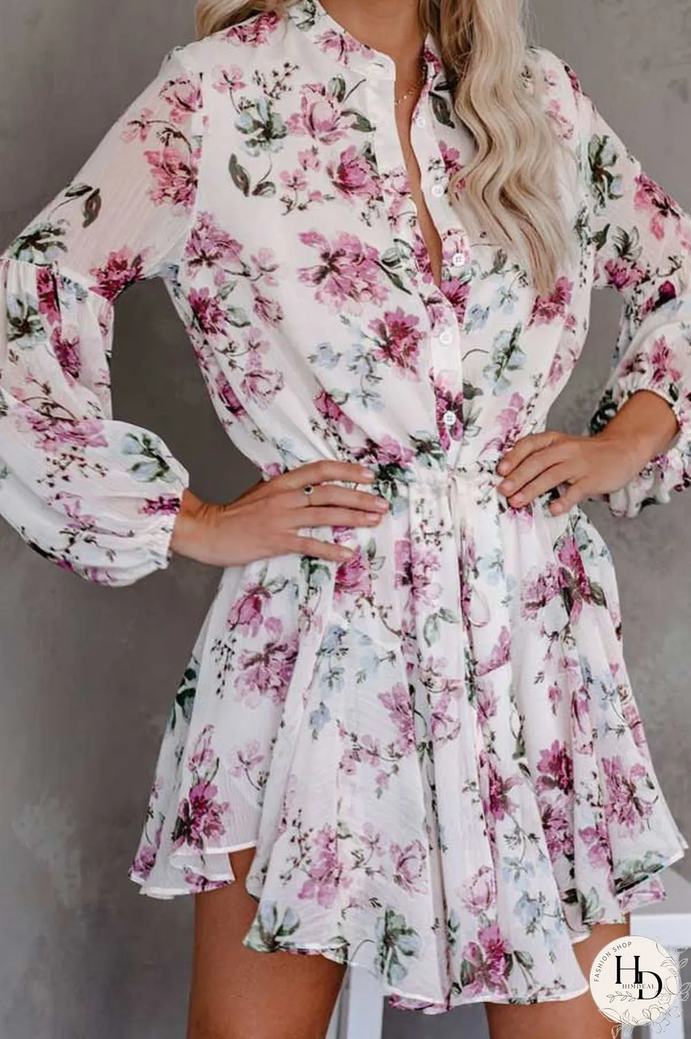Fashion Floral Print Shirt Dress