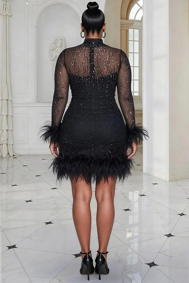 Xpluswear Design Plus Size Cocktail Party Sequin Black Mock Neck Long Sleeve Bodycon Feather Mesh Mini Dresses [Pre-Order]