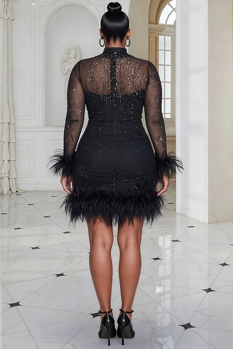 Xpluswear Design Plus Size Cocktail Party Sequin Black Mock Neck Long Sleeve Bodycon Feather Mesh Mini Dresses [Pre-Order]