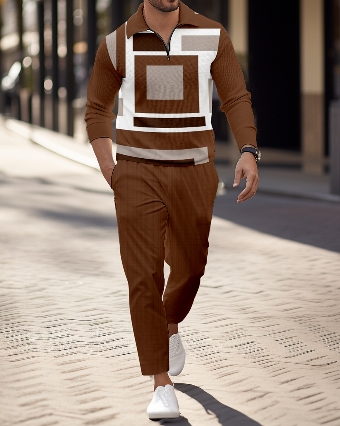 Men's Casual Colorblock Personalized Long Sleeve Polo Shirt Set 159
