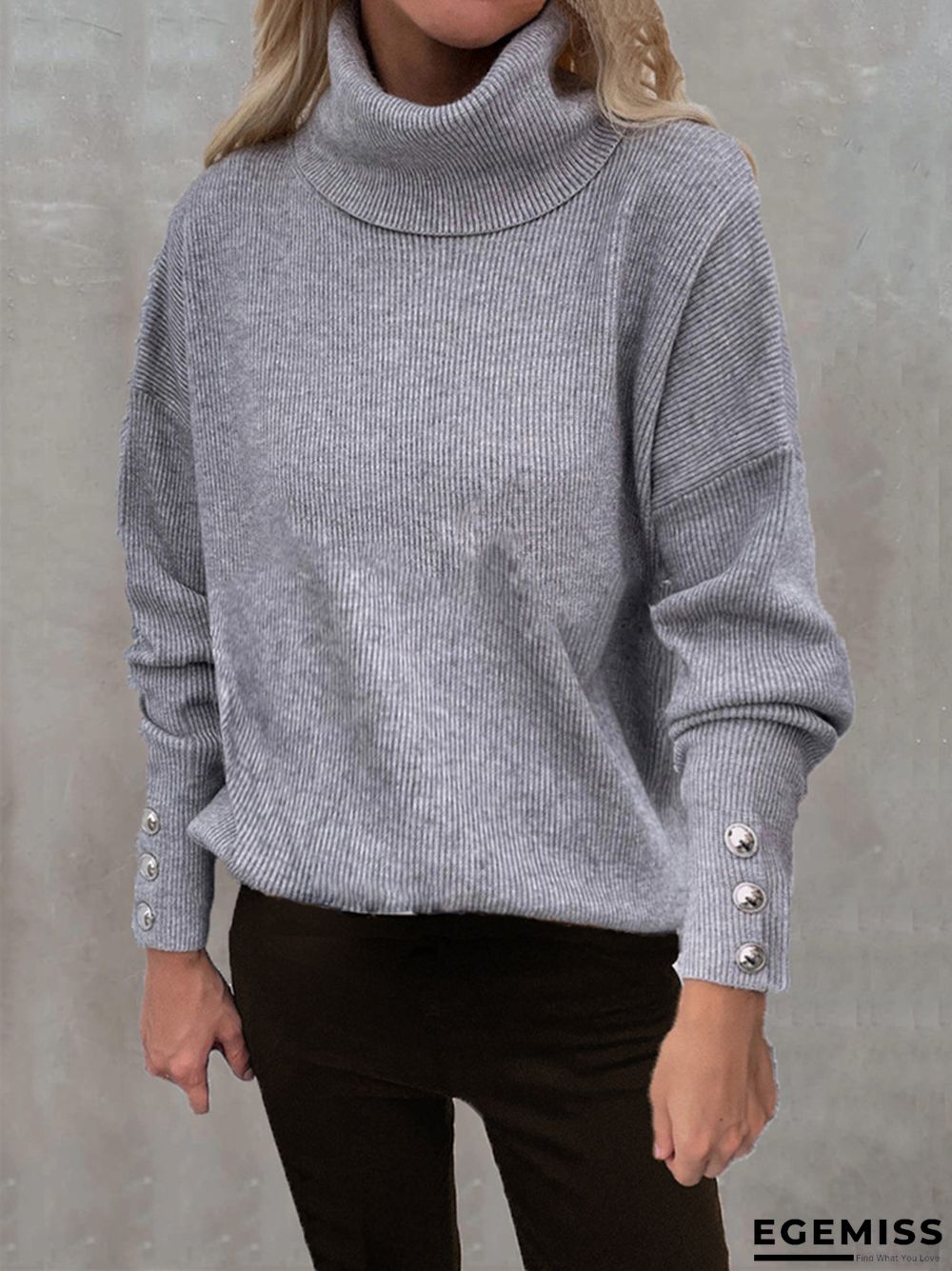 Casual Loose Knit Sweater with High Collar and Long Sleeve In Solid Color | EGEMISS