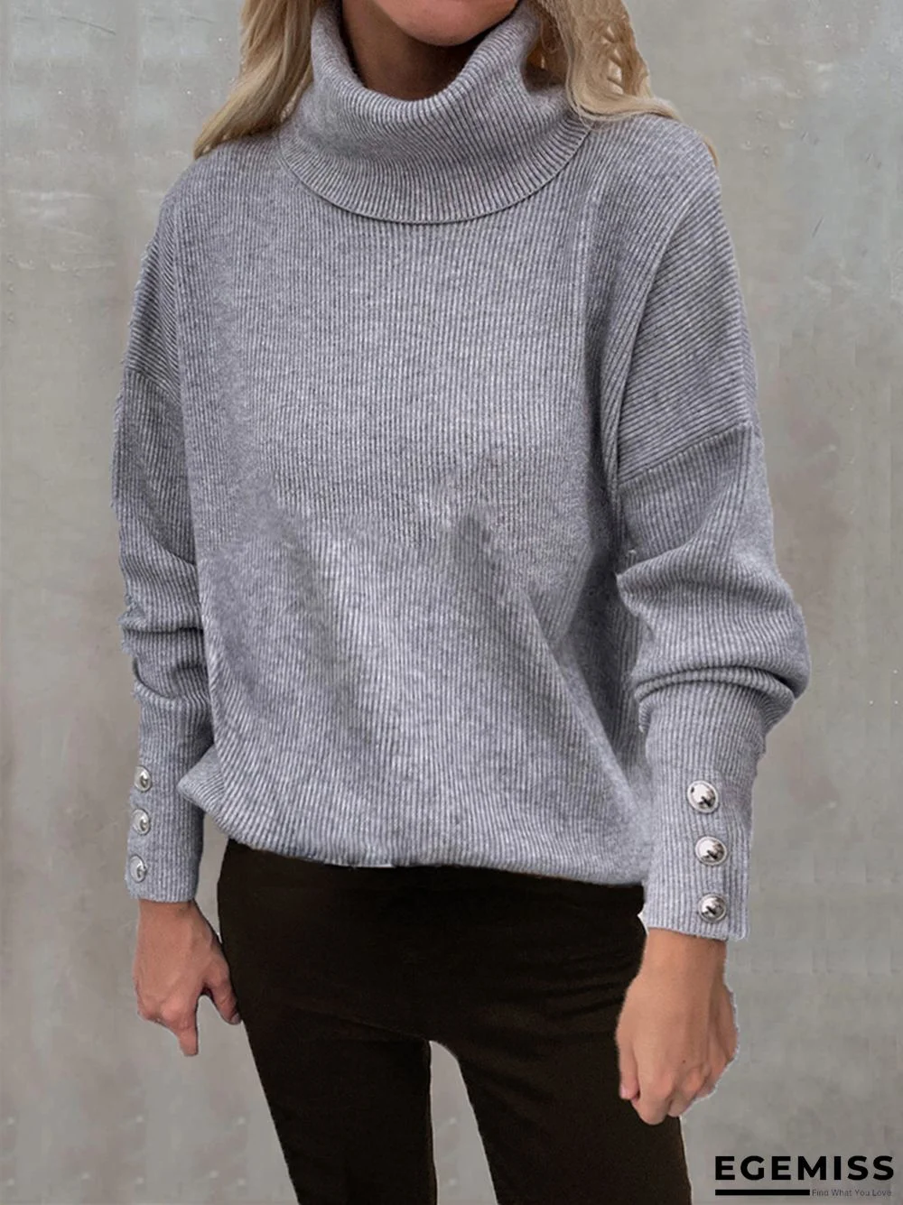 Casual Loose Knit Sweater with High Collar and Long Sleeve In Solid Color | EGEMISS