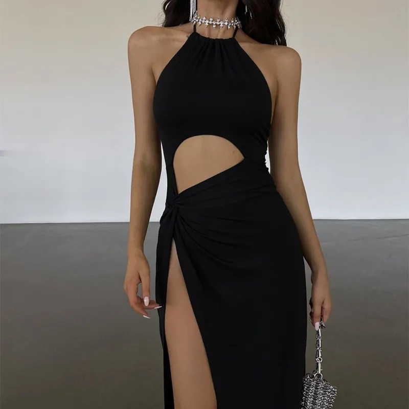 Uveng Uveng 2023 Autumn New Sexy Hollow Out High Slit Hanging Neck Lace Dress Woman