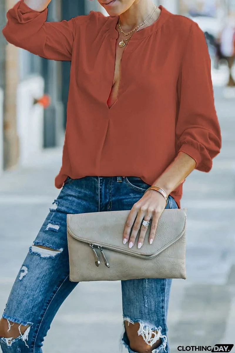 Casual Solid Fold V Neck Tops(6 Colors)