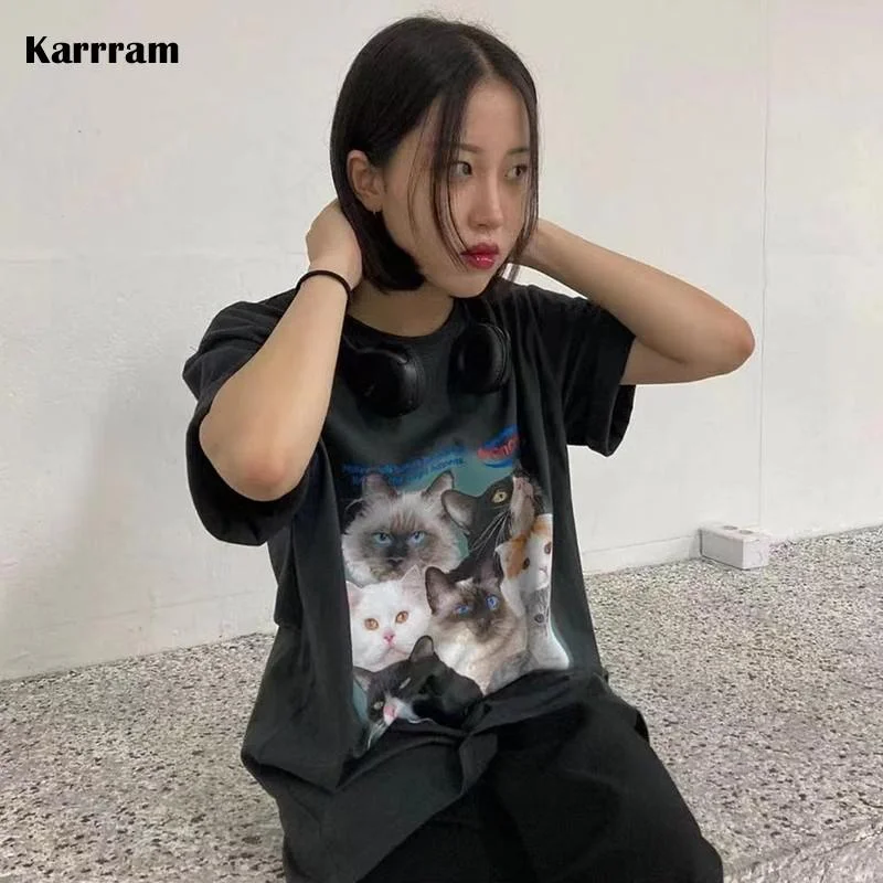 Toloer Korean Fashion Cat Print T-shirts Kawaii Kitten Y2k Aesthetics Tops Japanese Cute Short Sleeve Loose T-shirts Streetwear