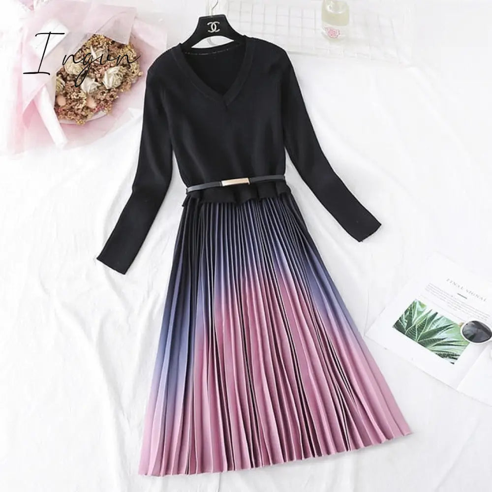Ingvn - Autumn Winter Elegant Knitted Patchwork Gradient Pink Pleated Dress Women Long Sleeve