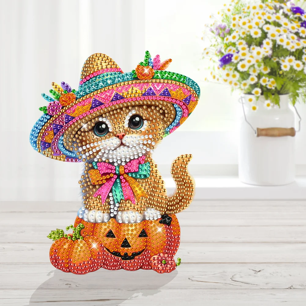 DIY Pumpkin Cat Acrylic Shaking Head Diamond Painting Desktop Ornaments for Home Decor