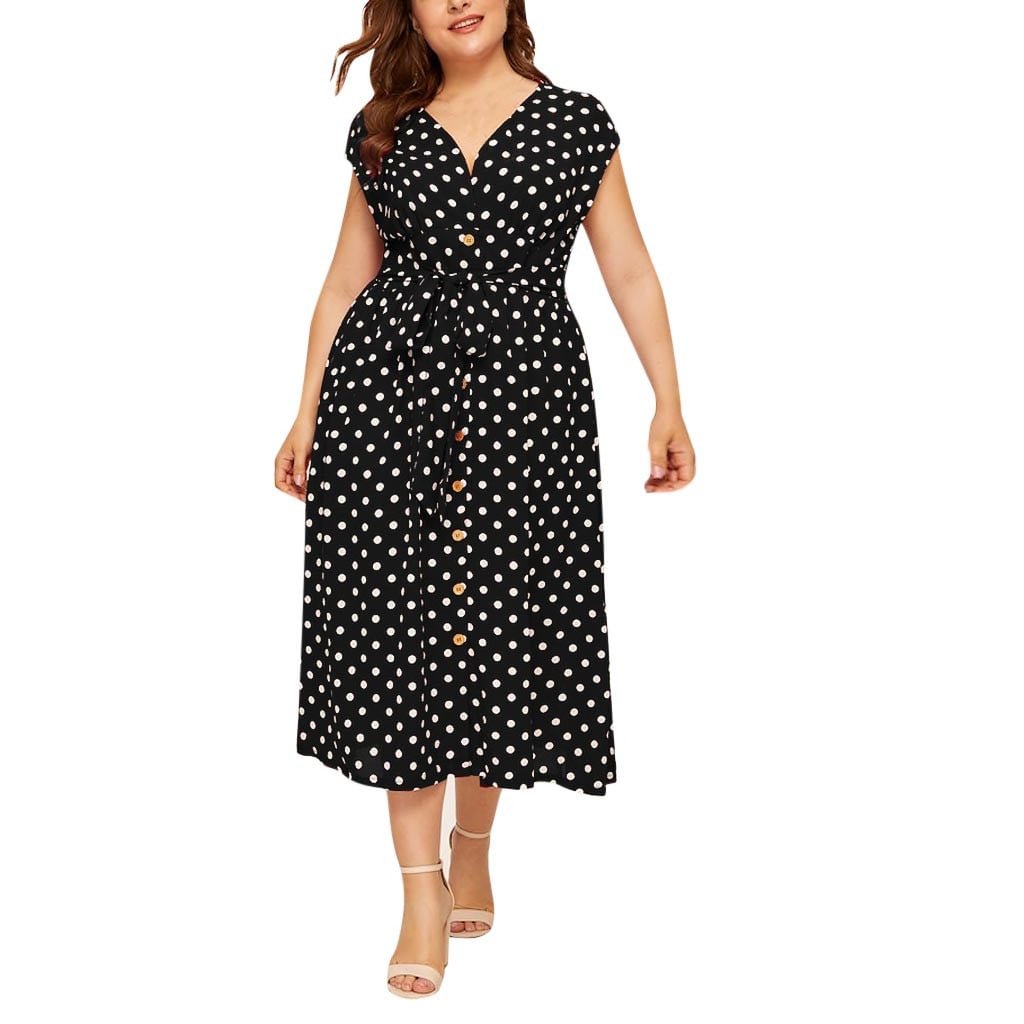 Polka Dot Print Dresses For Women V-neck Sleeveless Button Belt Dress Vestidos De Verano Plus Size Woman Dress Sukienki Damskie