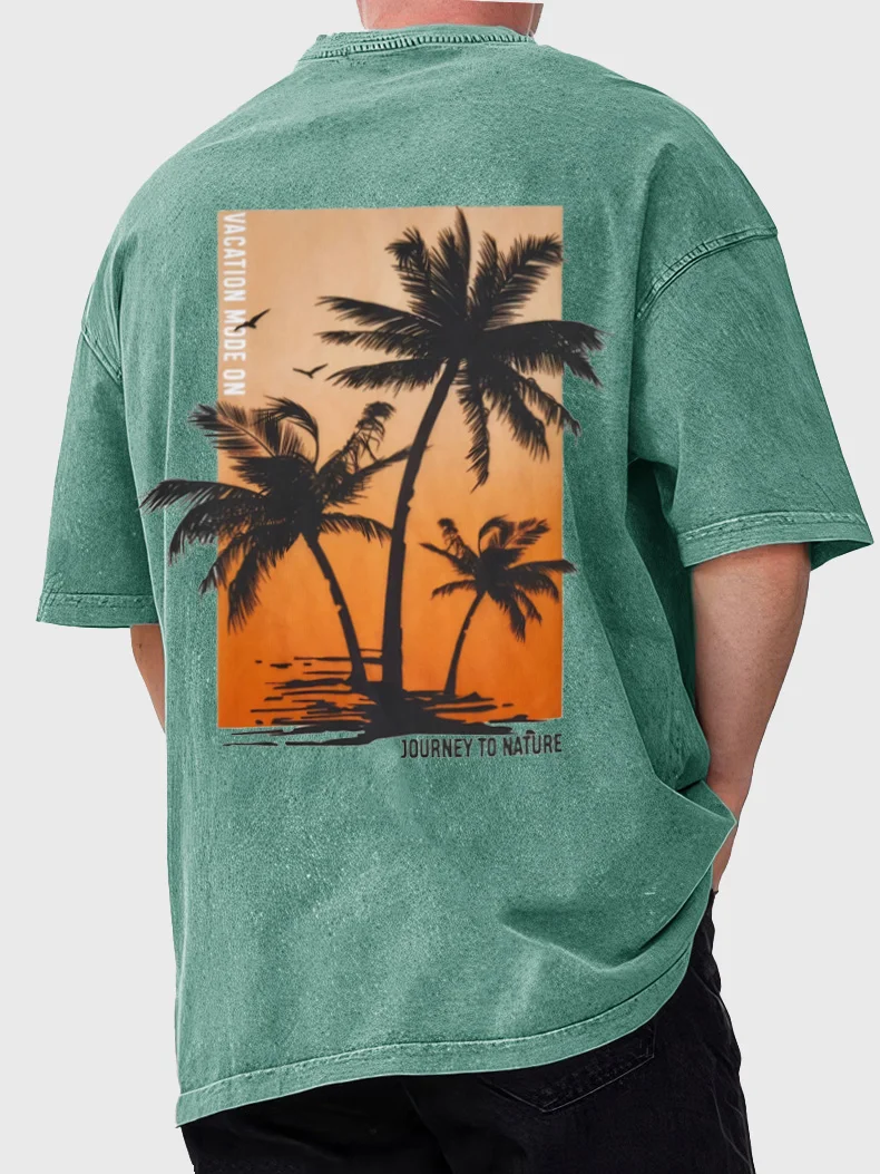 Men's Retro Washed Distressed Pure Cotton Coconut Tree Print Short-sleeved Shirt