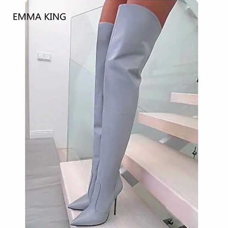 Purple Stretch Women Thigh High Boots Fetish Pointed Toe Thin High Heel Shoes Ladies Overknee Long Boots Woman