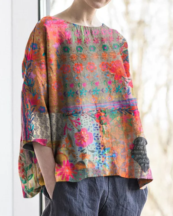 Retro Bohemian Floral Print Round Neck Cotton and Linen Loose Top