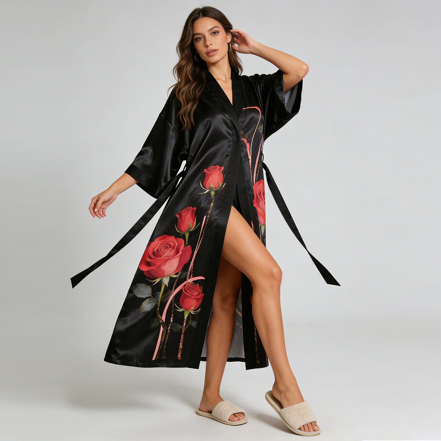 Silk Robe Women 100% Mulberry Silk Black Ankle Length Japanese Kimono Lightweight REAL SILK LIFE