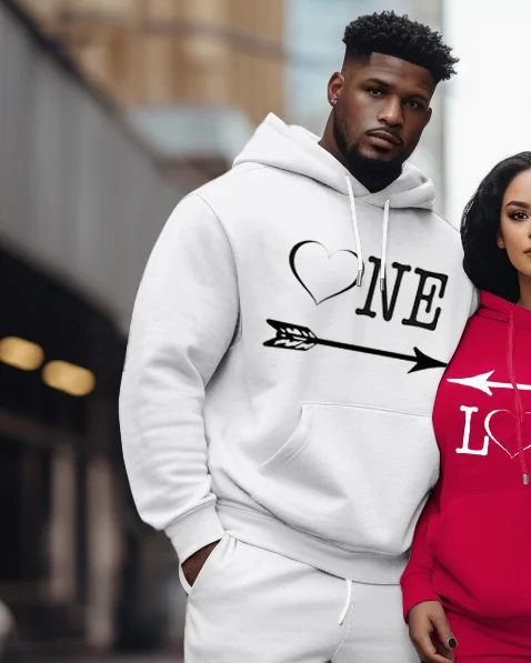 Couple Large Size Casual One Love Arrow Letter Graffiti Hoodie Set