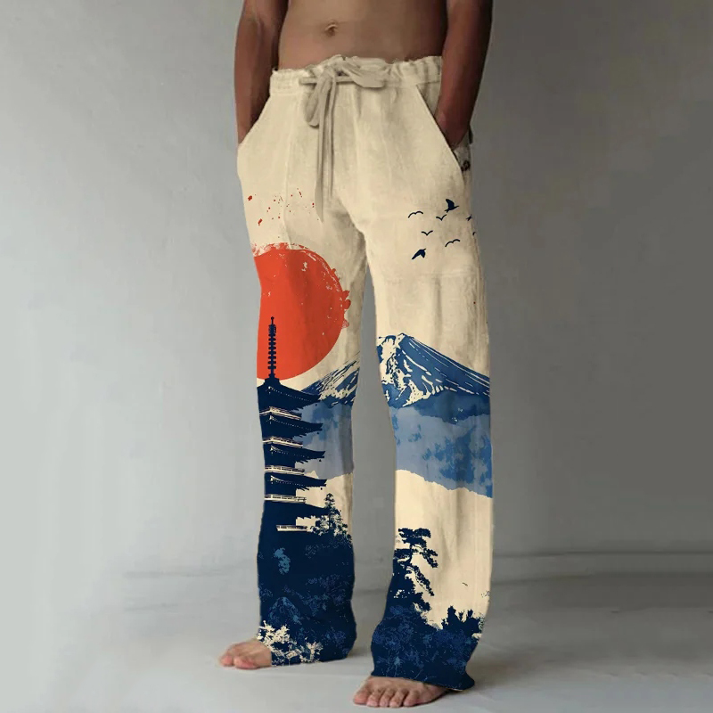 Men's Japanese Architectural Landscape Print Casual Pants