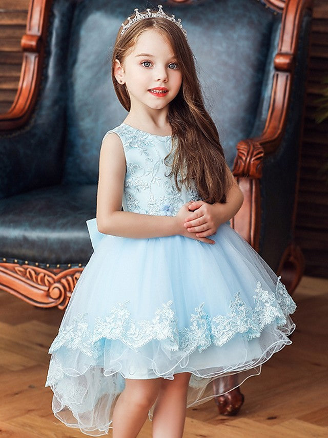 Oknass Ball Gown Sleeveless Jewel Neck Flower Girl Dresses Tulle  With Bow Appliques