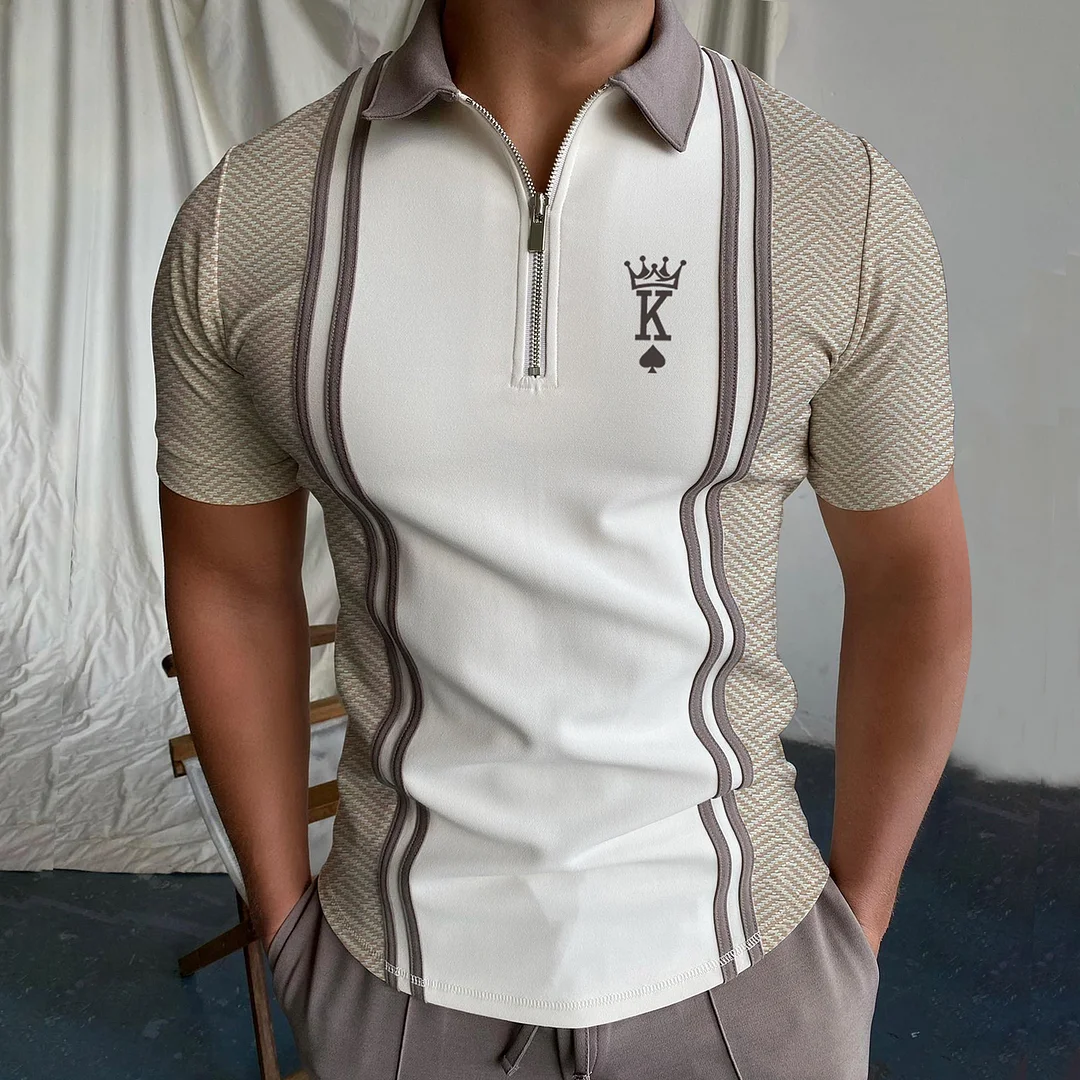 Men's Casual King Geometric Pattern Print Short Sleeve Zipper Polo Shirt、、URBENIE