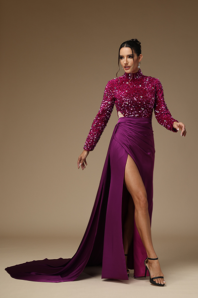 Oknass Stylish High Neck Long Sleeves Pleated Split Prom Dress with Sequins