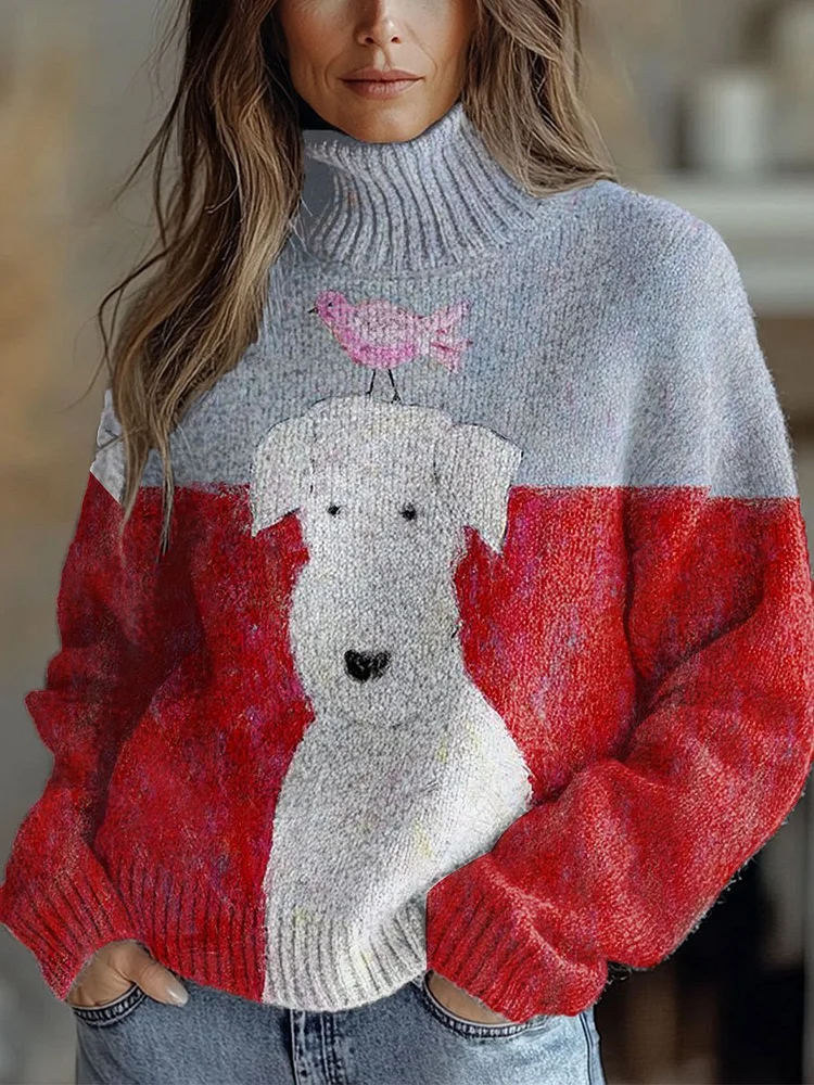 Funny Dogs  Art Print Knit Turtleneck Pullover Sweater