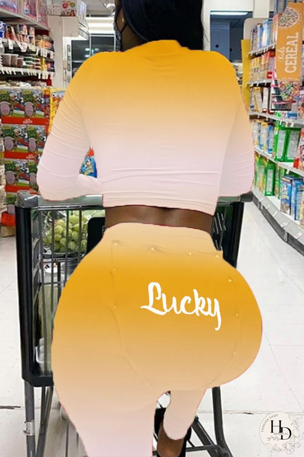 Tangerine Red Street Print Split Joint V Neck Long Sleeve Two Pieces