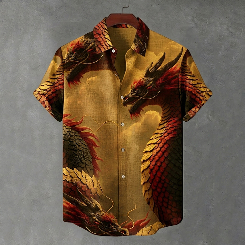Men's Japanese-style Linen Short-sleeved Shirt With Dragon Pattern  artssus