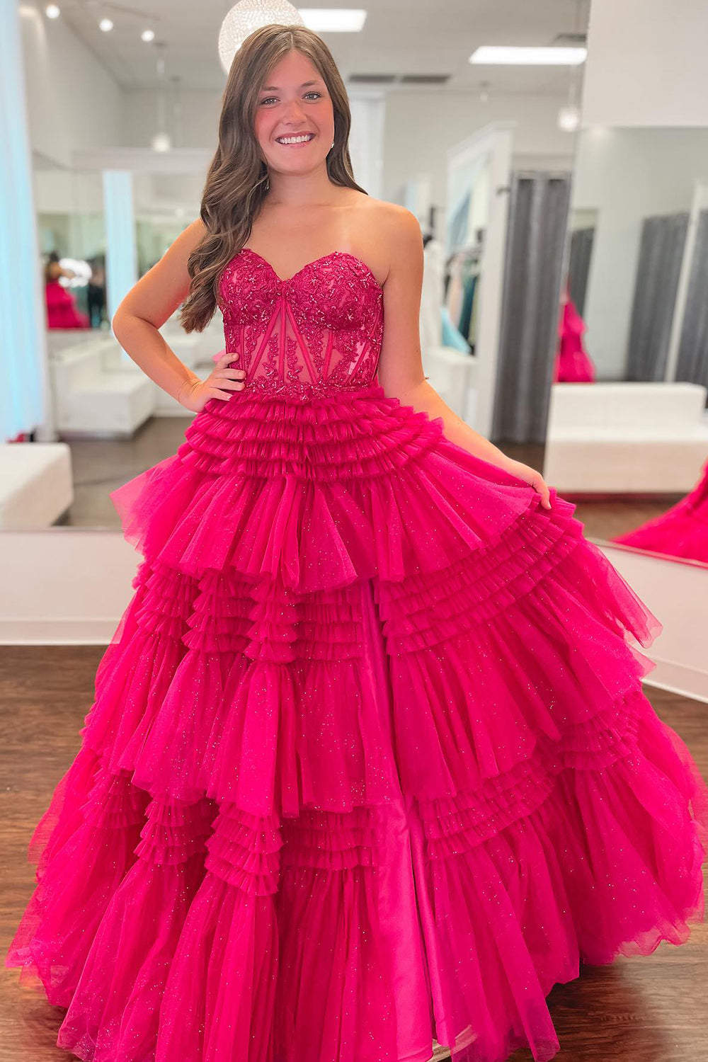 Homrain Women Glitter Fuchsia Corset Long Tierd Tulle Prom Dress with ...