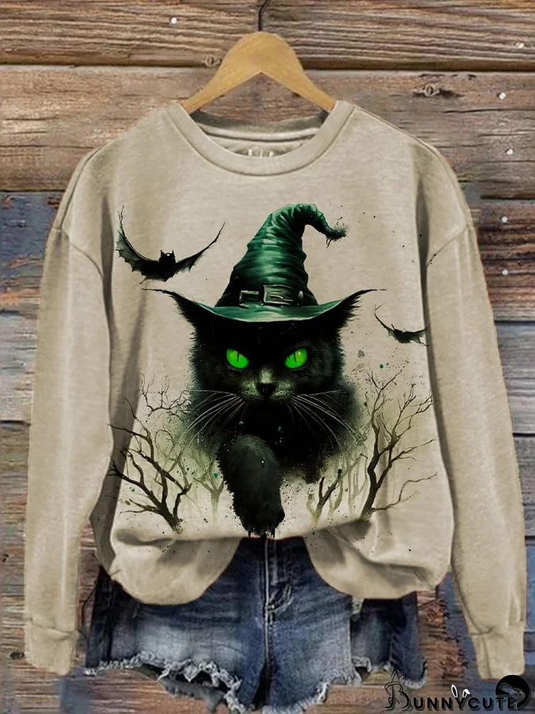 Women's Halloween Witches Cat Print Sweatshirt