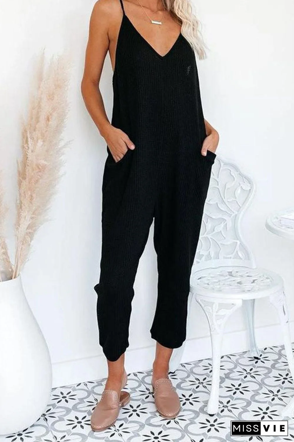 Fashion Street Solid Pocket V Neck Loose Jumpsuits(4 Colors)