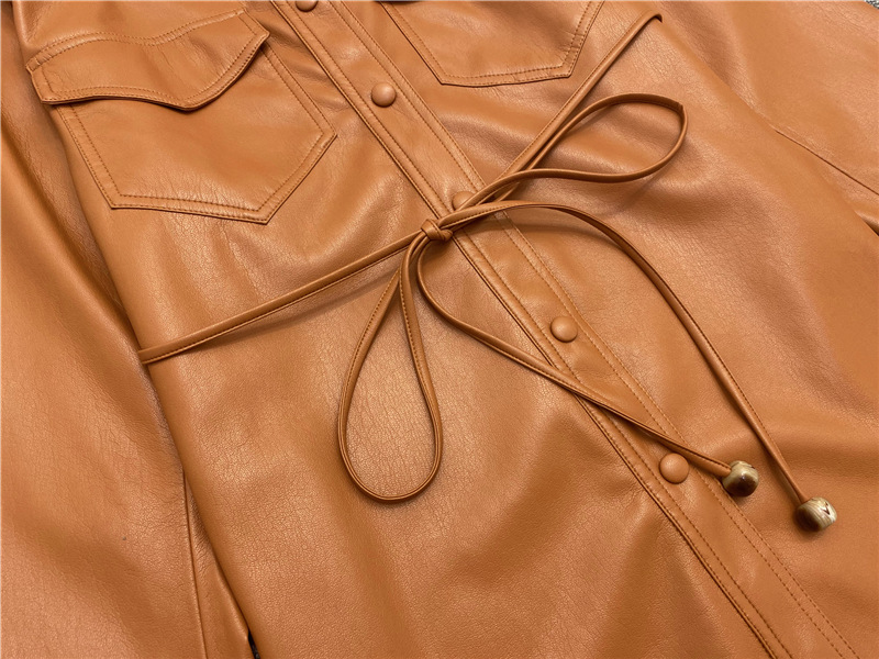 Niche artificial leather shirt women's single breasted drawstring long sleeve leather jacket-vocosishoes